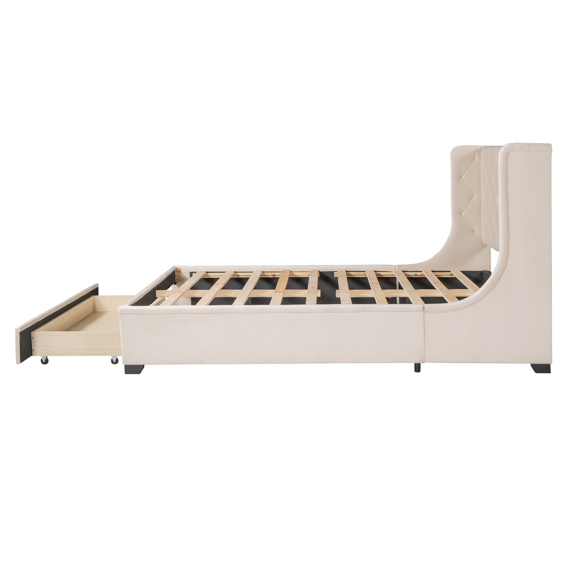 Cream upholstered bed frame with diamond tufting and open storage drawer