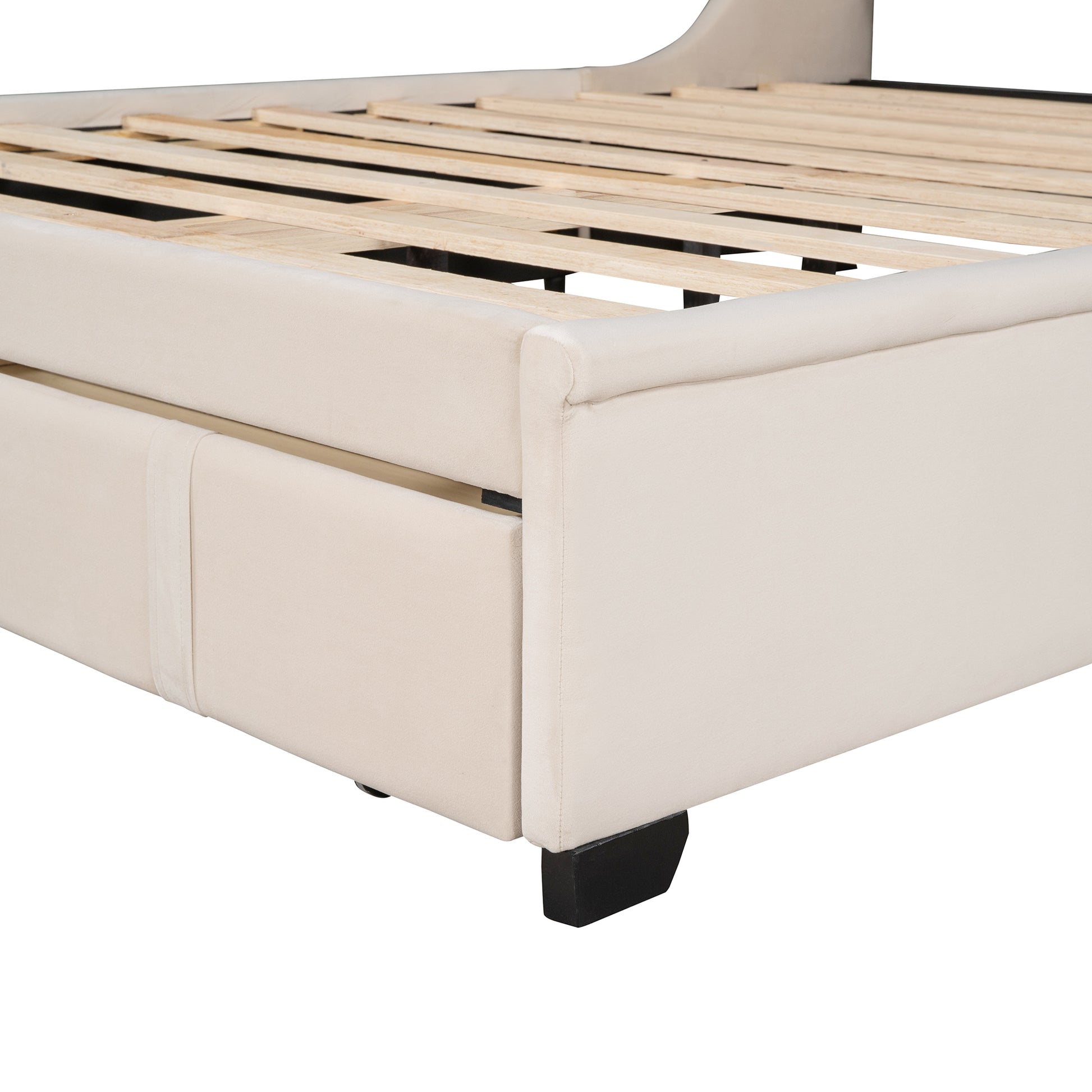 Cream upholstered bed frame with builtin storage drawers and wooden slats