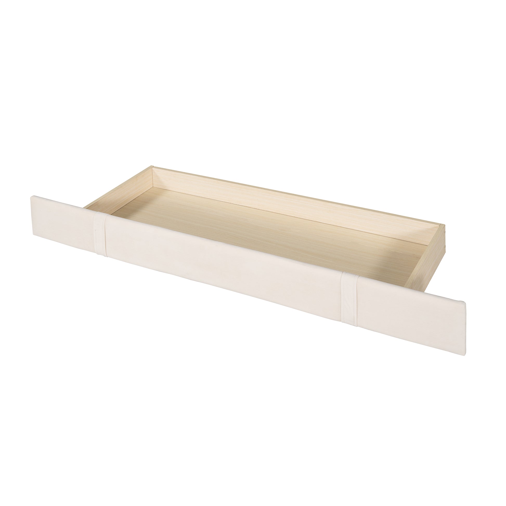Cream upholstered drawer front with light wood interior