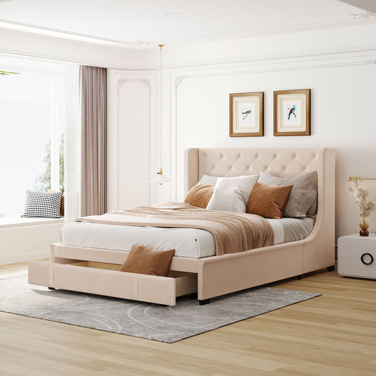 Beige upholstered wingback bed with tufted headboard and builtin drawer