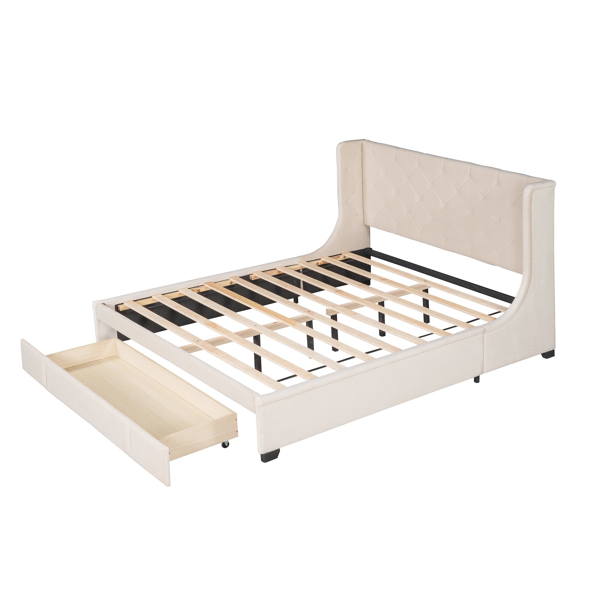 Cream upholstered queen bed frame with tufted headboard and open storage drawer