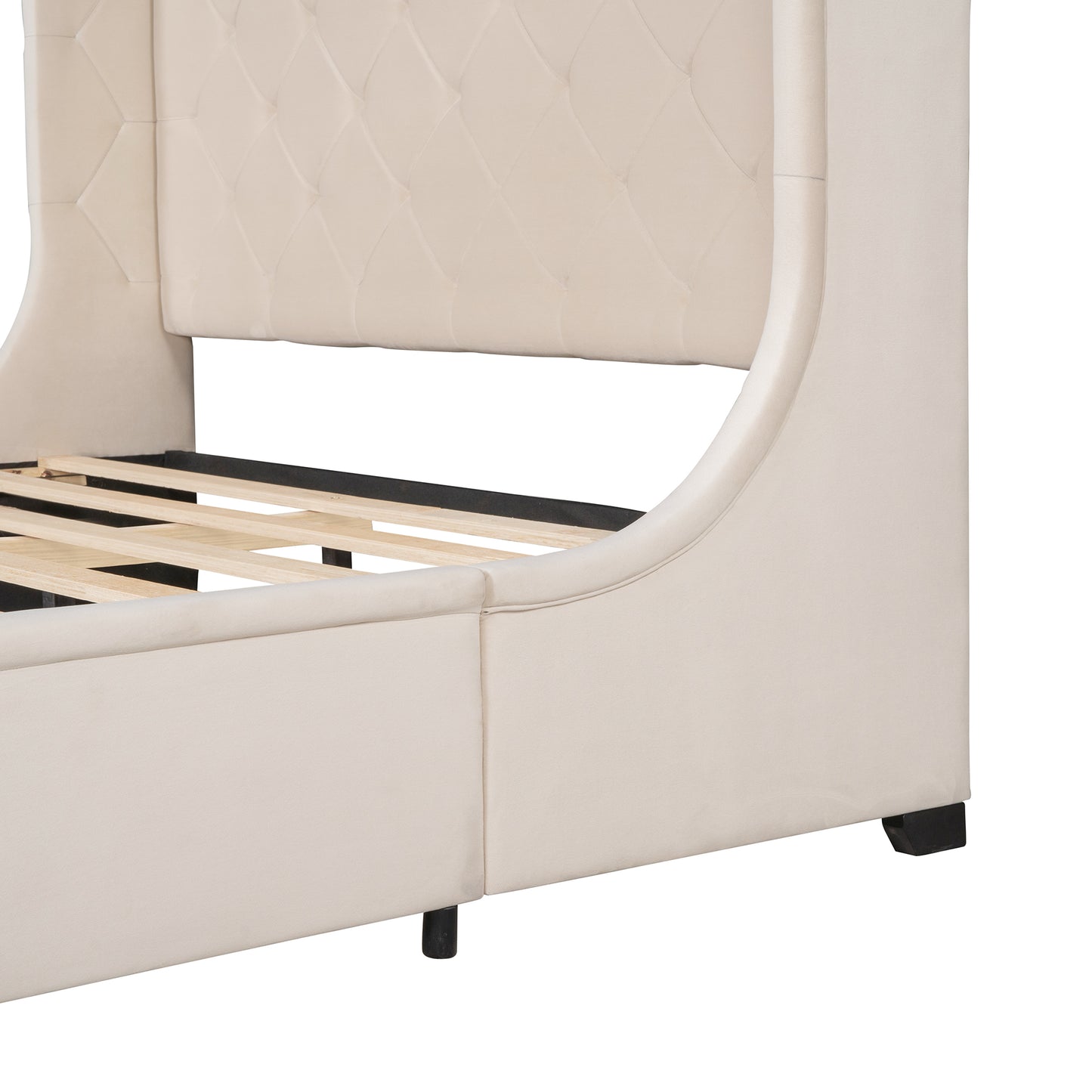 Cream velvet wingback bed frame with diamond tufting detail