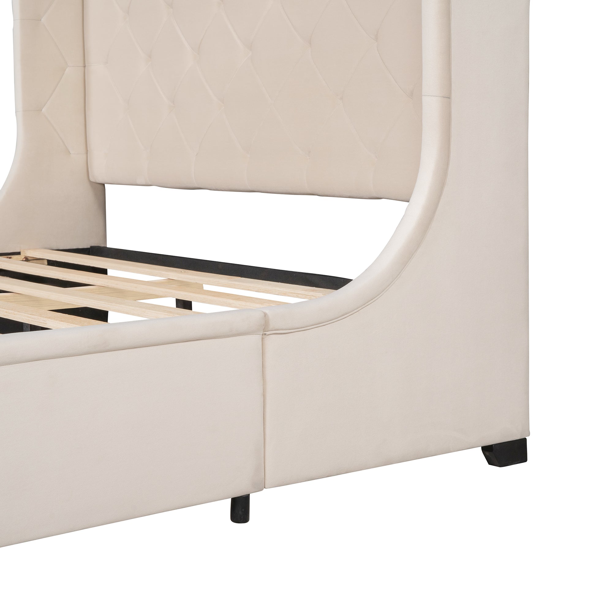 Cream velvet wingback bed frame with diamond tufting detail
