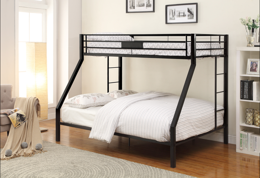 Black metal bunk bed with striped bedding and patterned pillows
