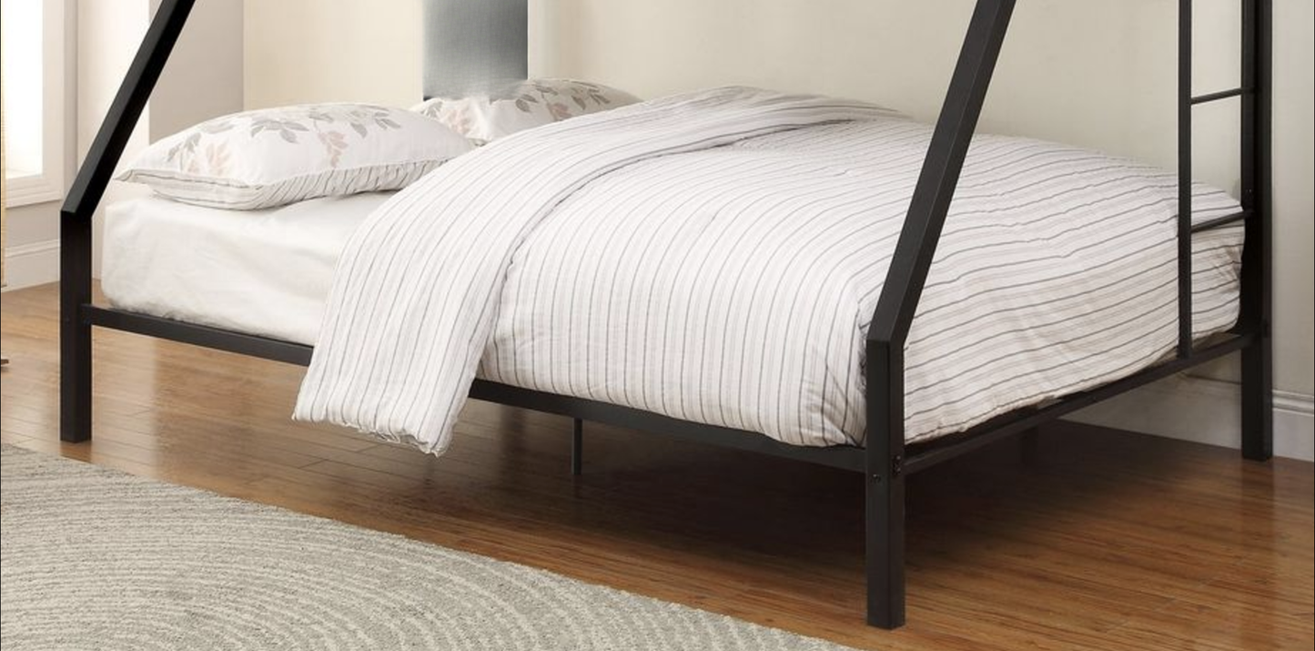 Black metal bunk bed frame with white striped bedding and floral pillows