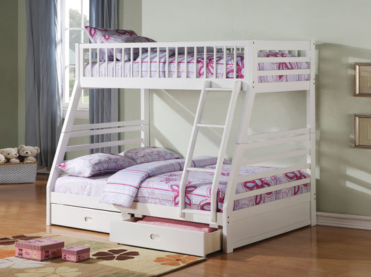 White wooden bunk bed with pink patterned bedding and drawers