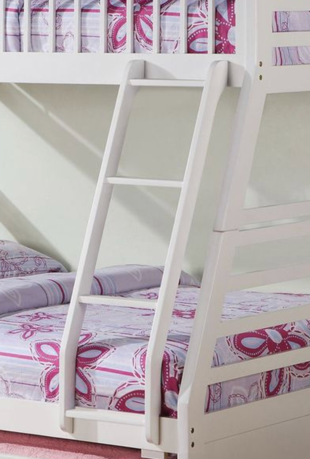 White wooden bunk bed ladder with purple floral bedding
