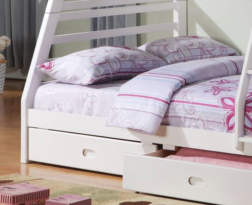 White bunk bed with drawers and floral bedding