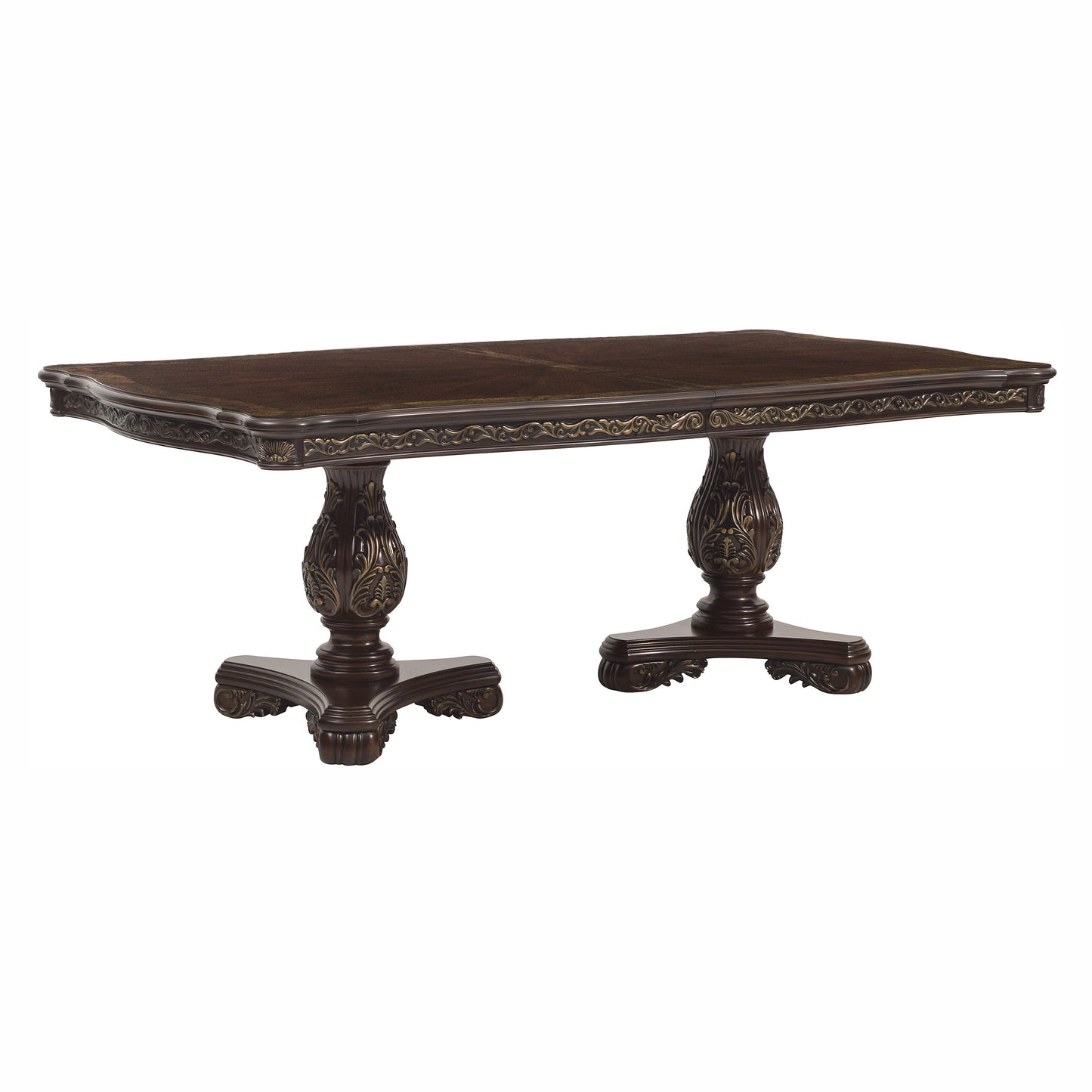 Dark mahogany dining table with ornate carved pedestal legs