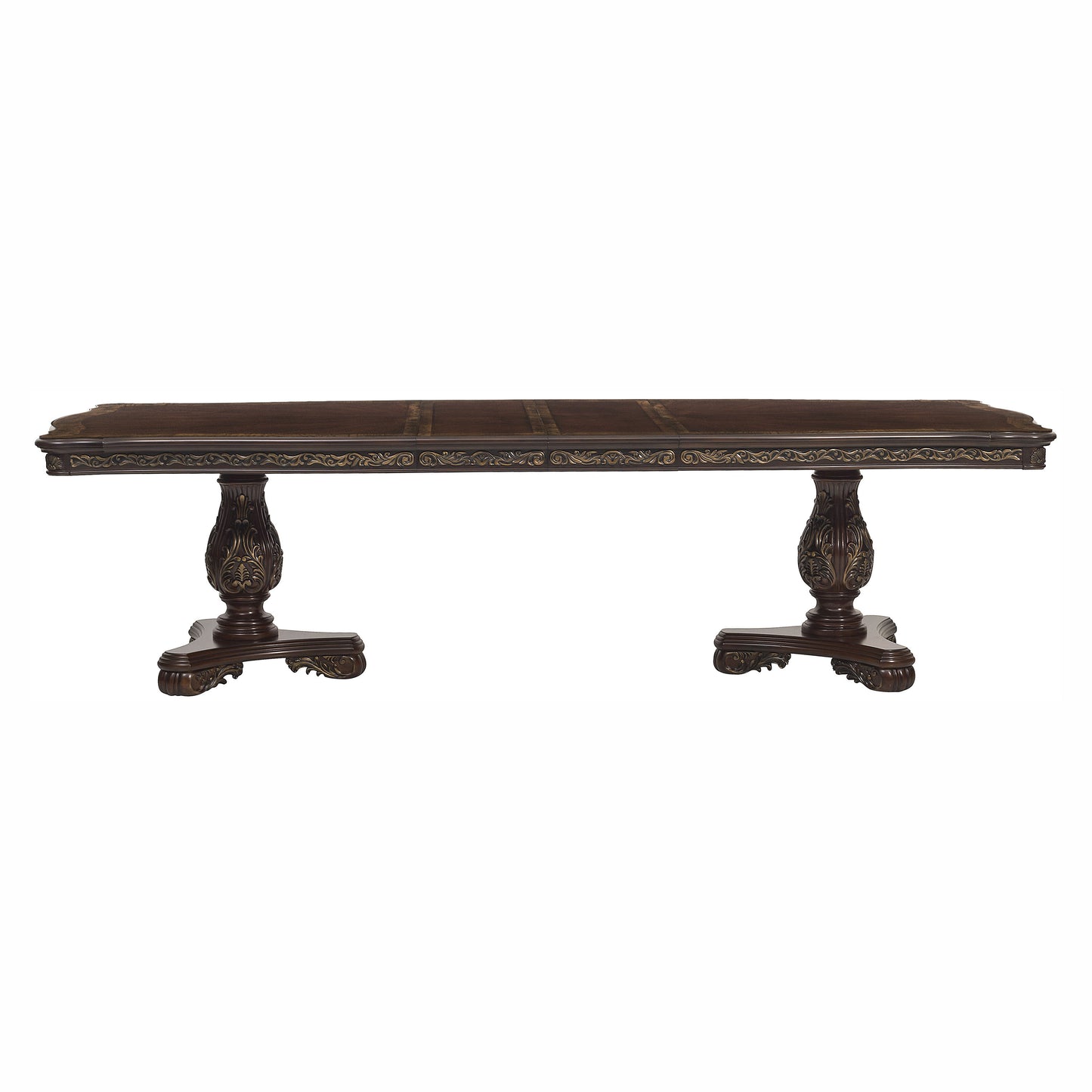 Dark wood dining table with ornate carved pedestal legs