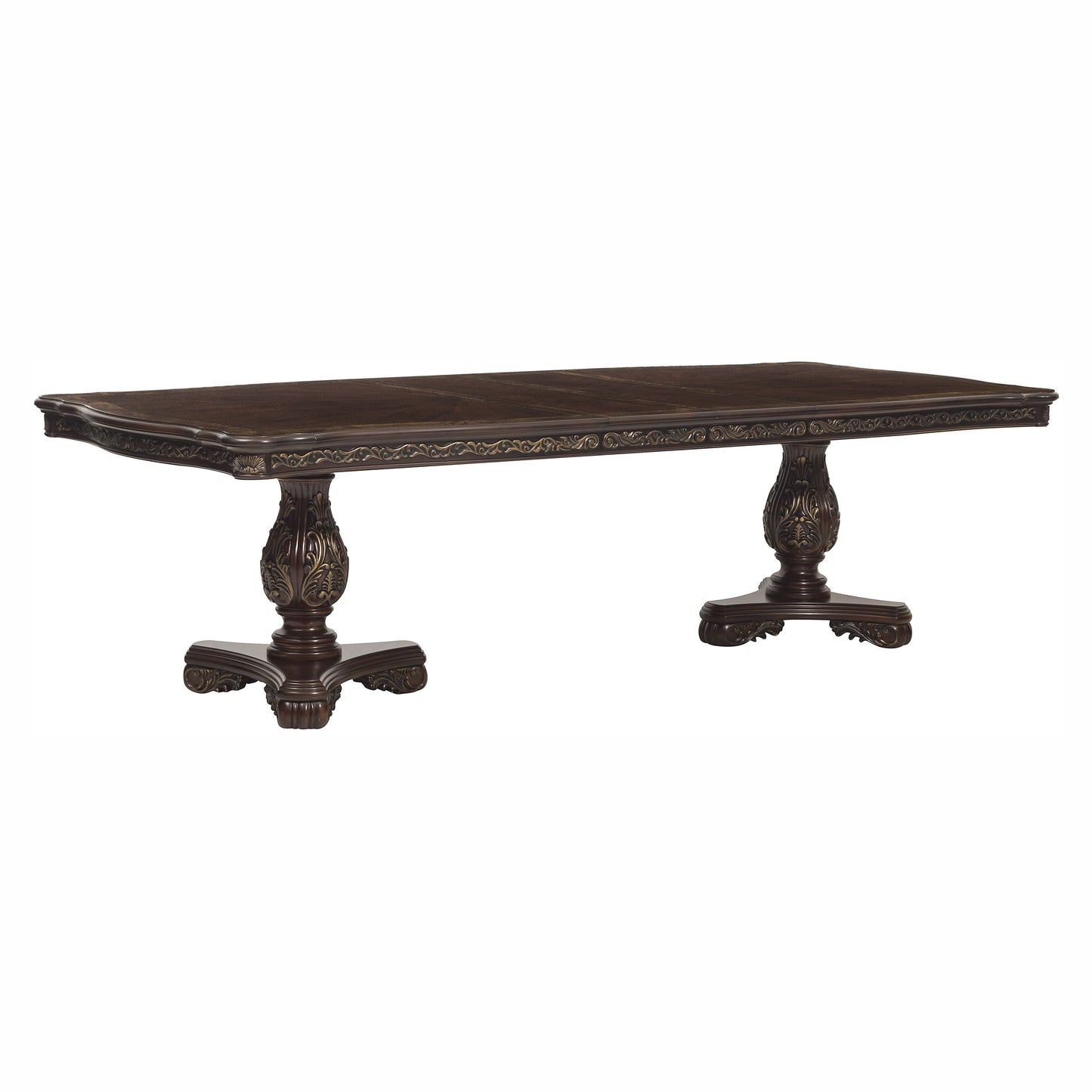 Dark brown carved wood dining table with ornate pedestal legs