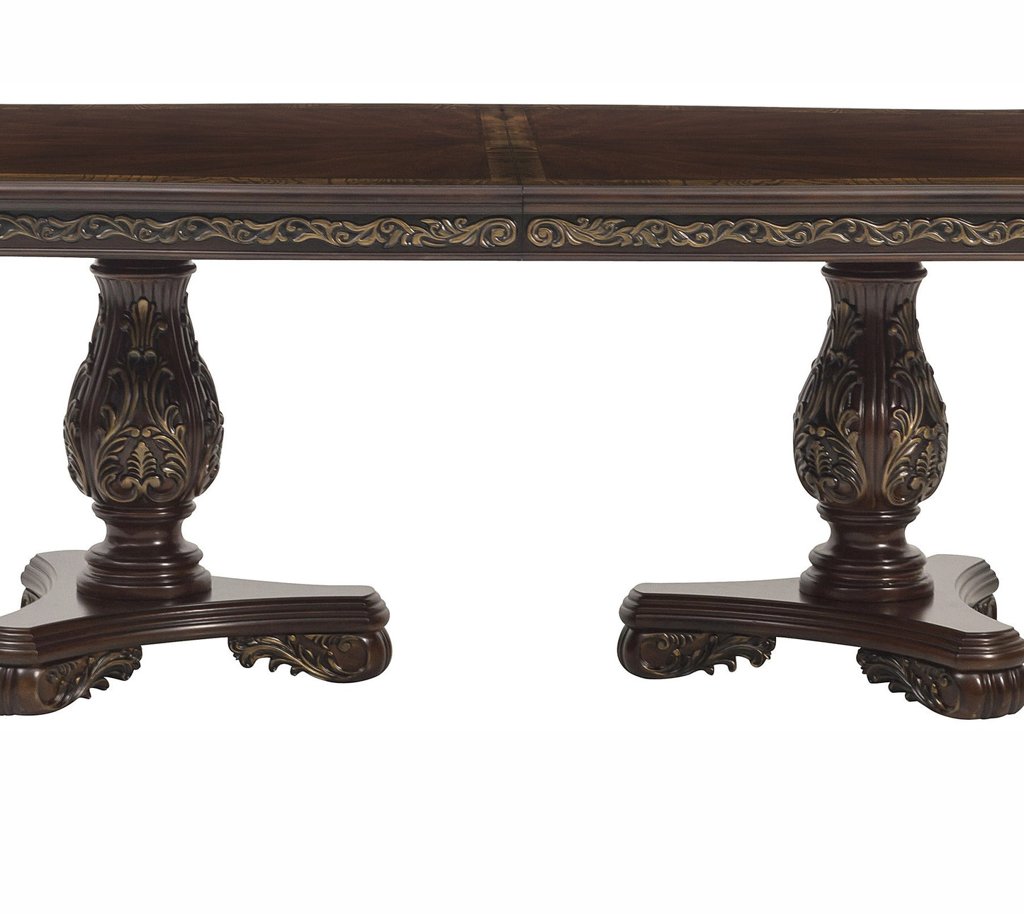 Ornate dark wood dining table with carved pedestal bases