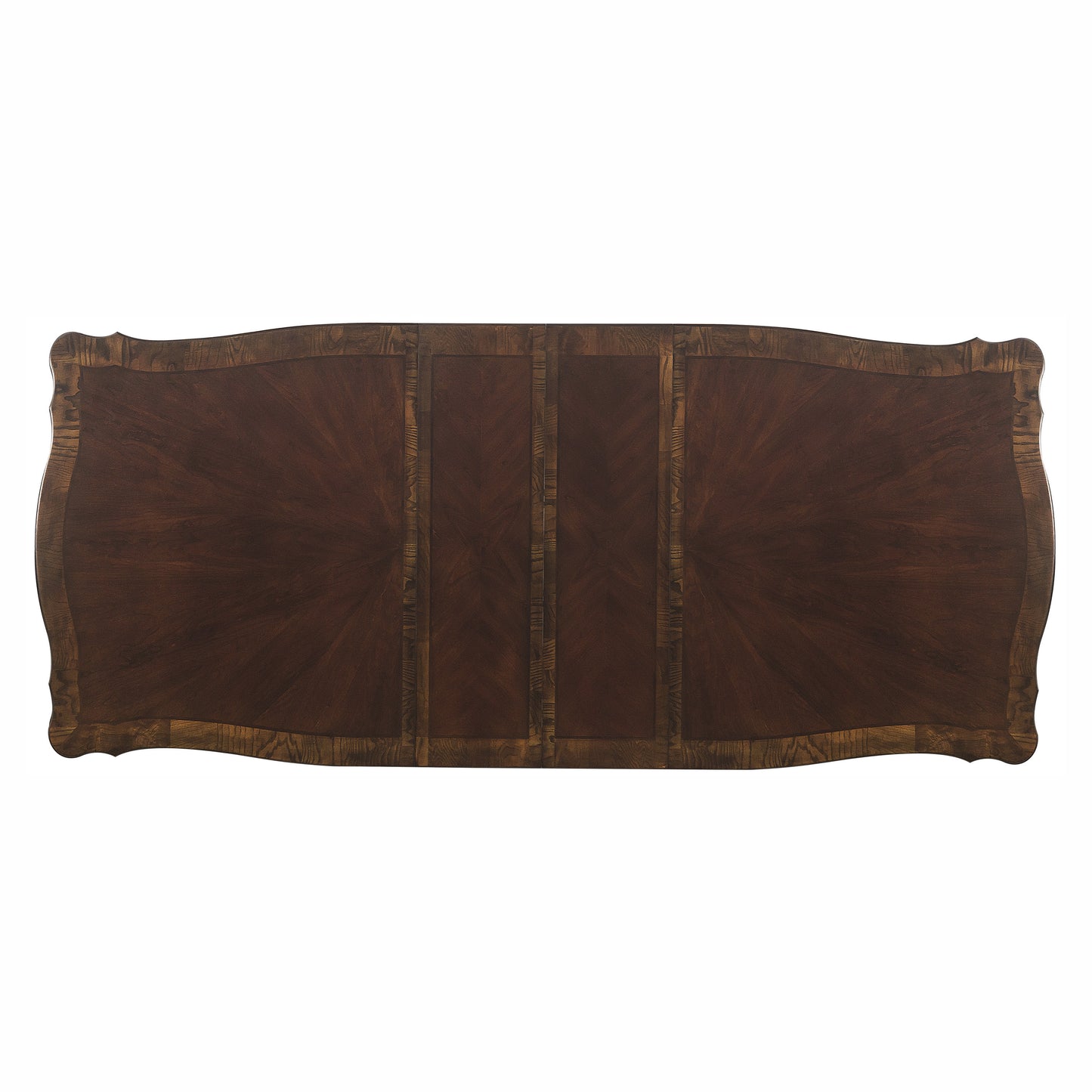 Dark wood dining table with elaborate inlay detail and curved edges
