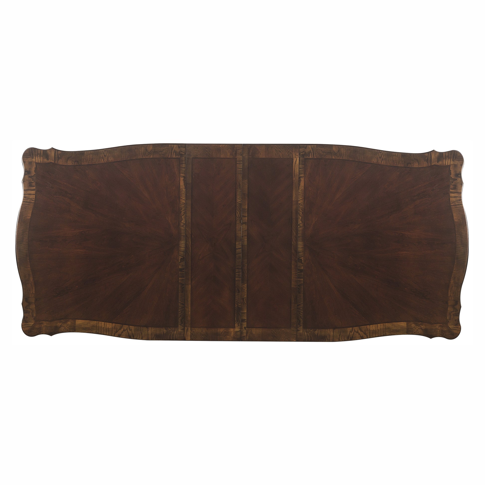Dark wood dining table with elaborate inlay detail and curved edges