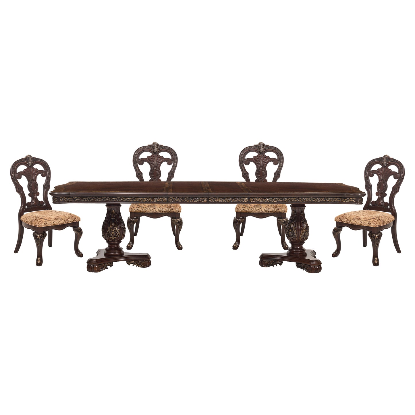 Ornate mahogany dining table with carved details and four upholstered chairs