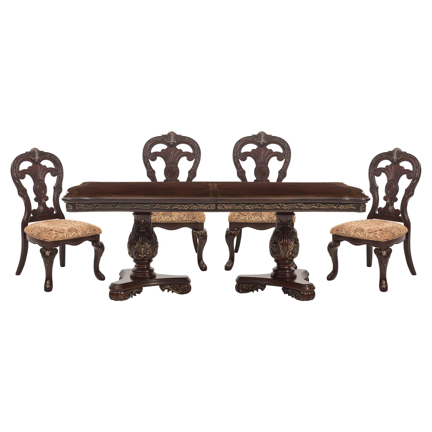 Dark mahogany dining table with ornate carvings and cushioned chairs