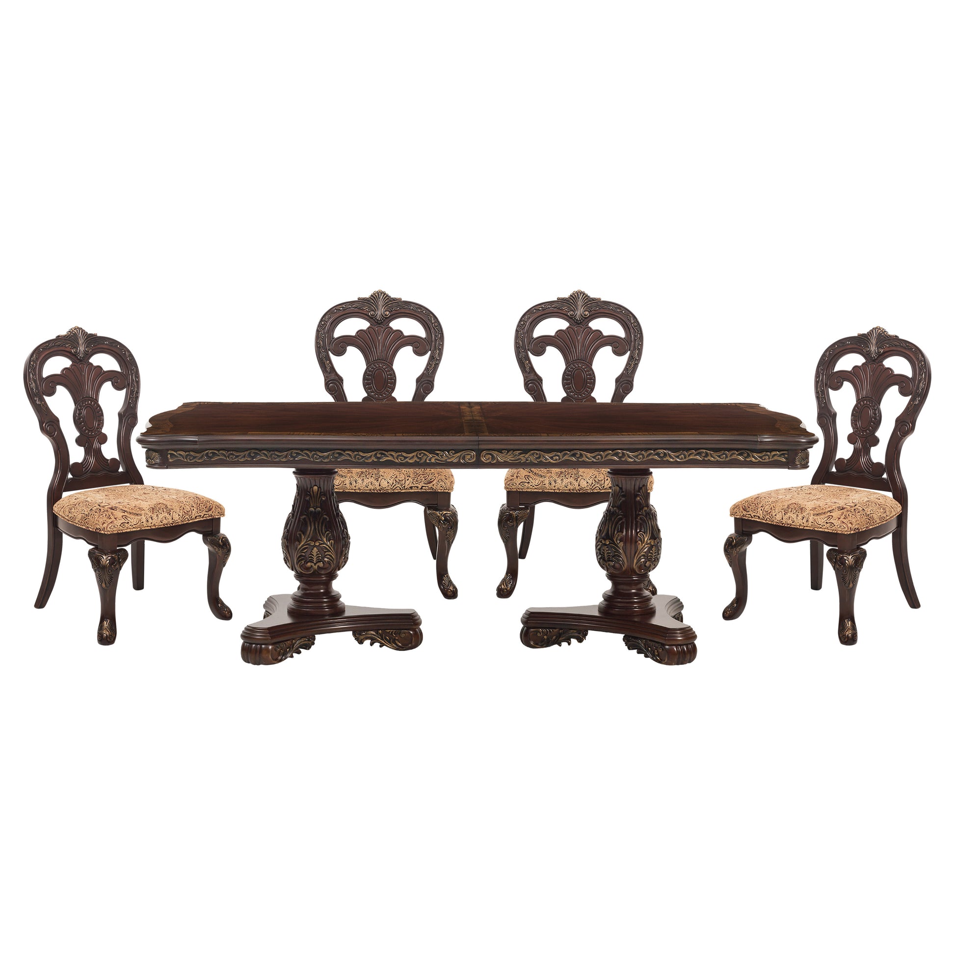 Dark mahogany dining table with ornate carvings and cushioned chairs
