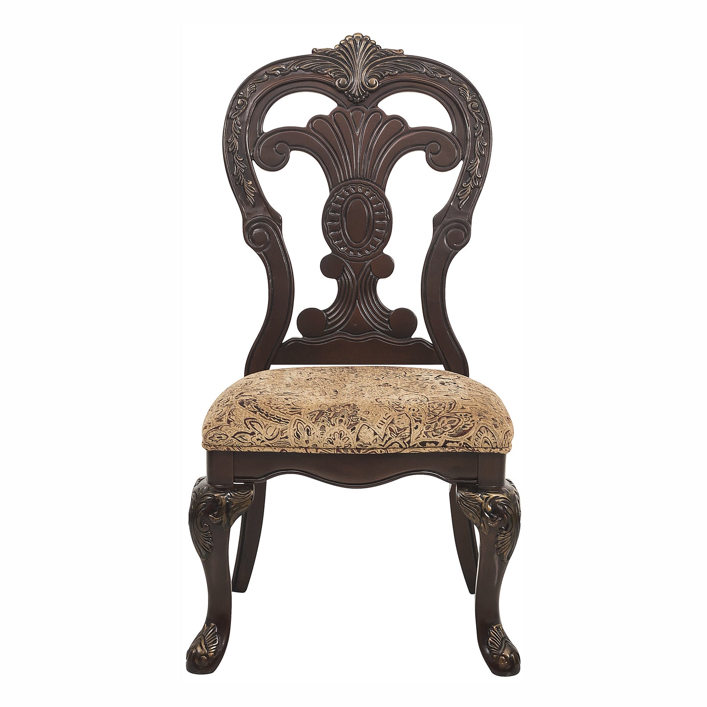 Dark brown ornate carved wooden chair with upholstered seat