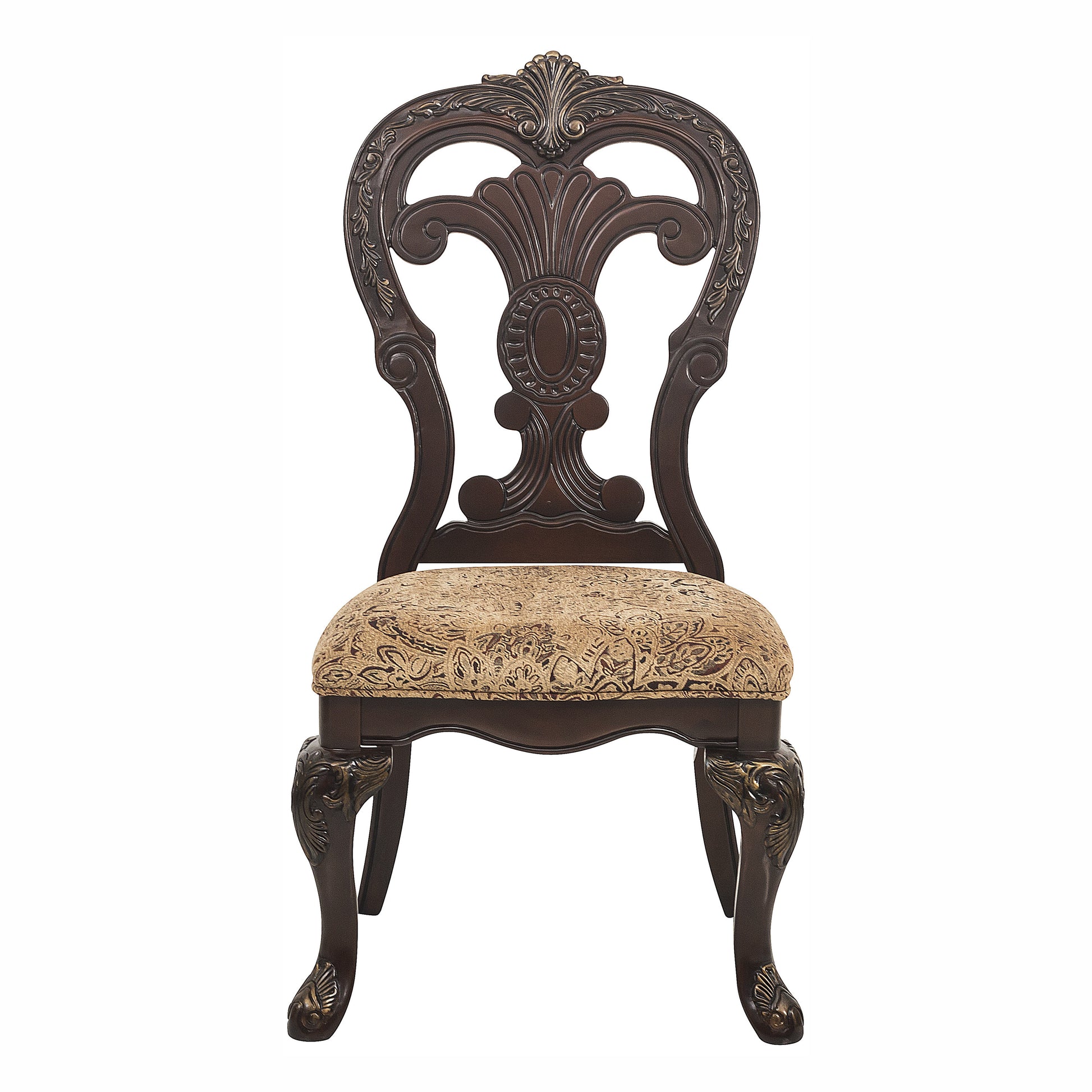 Dark brown ornate carved wooden chair with upholstered seat