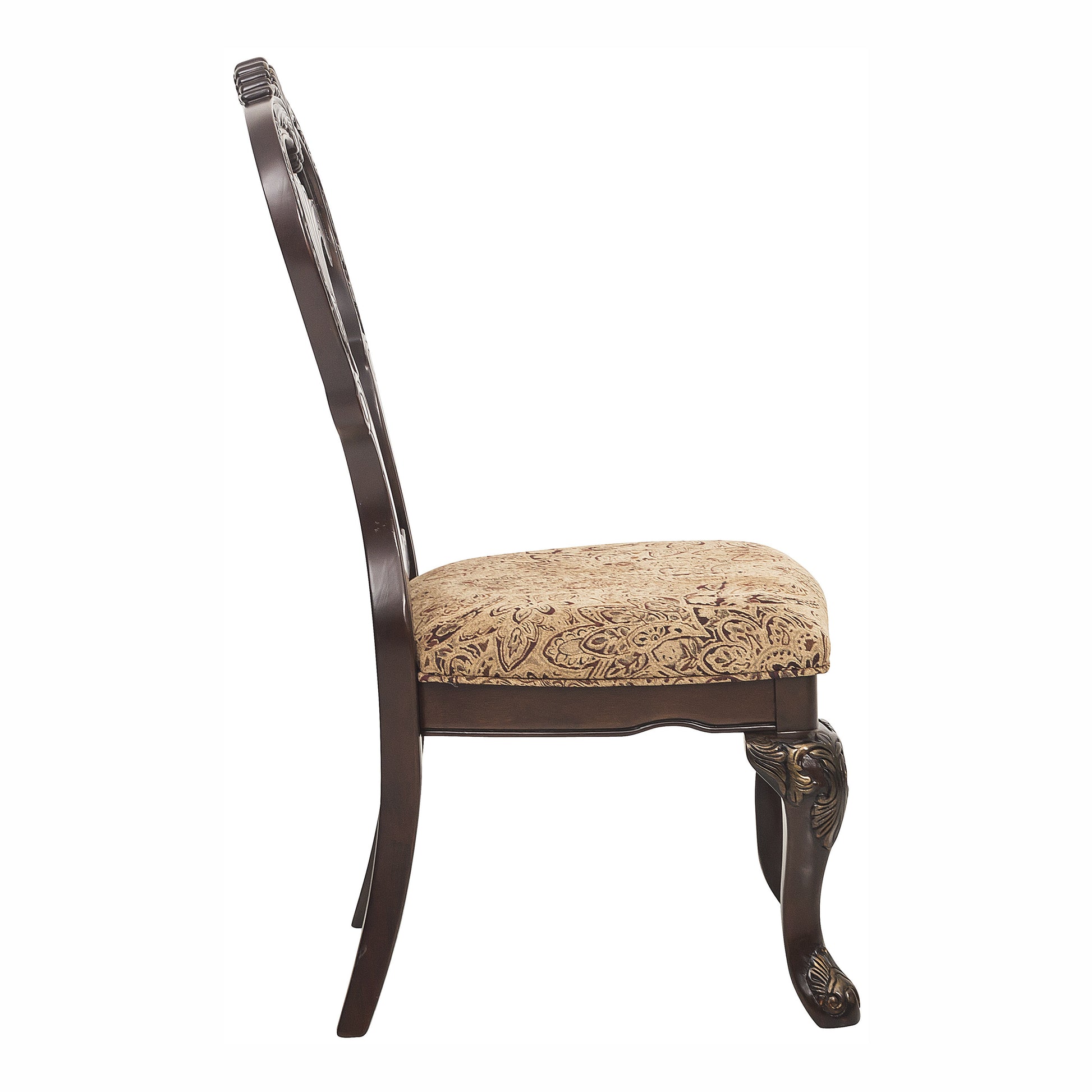 Dark wood carved dining chair with damask upholstered seat