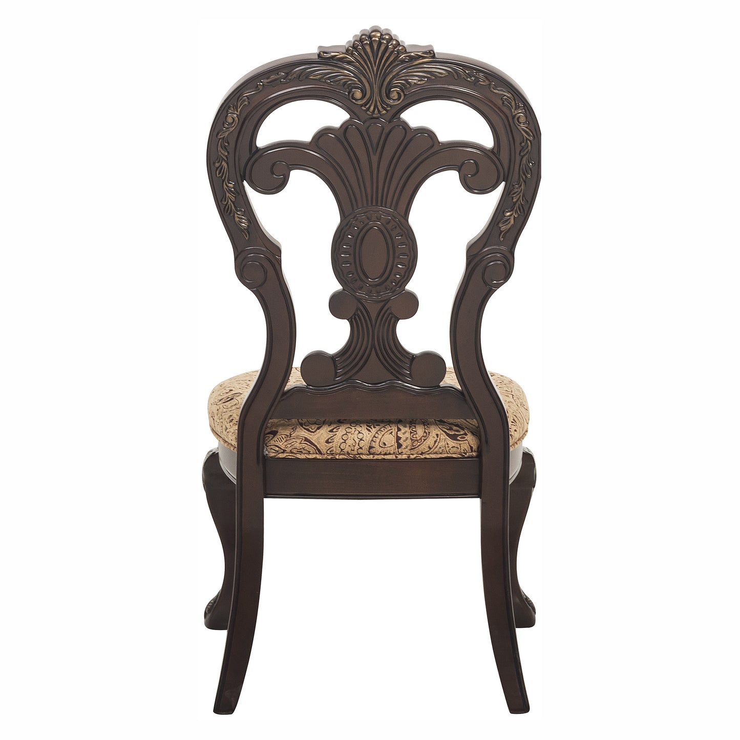 Dark wood ornate dining chair with gold patterned fabric seat