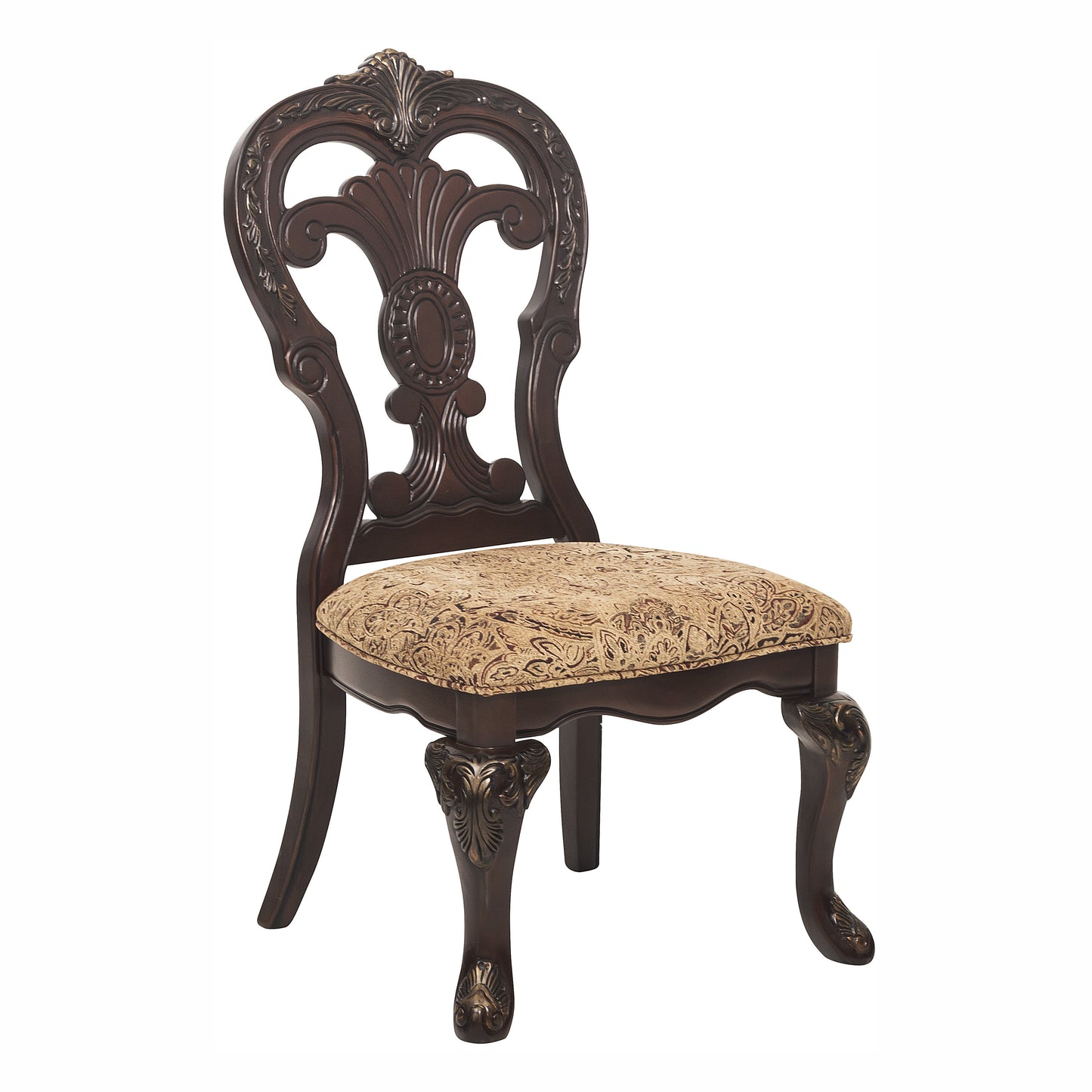 Dark wood dining chair with ornate carved back and damask fabric seat