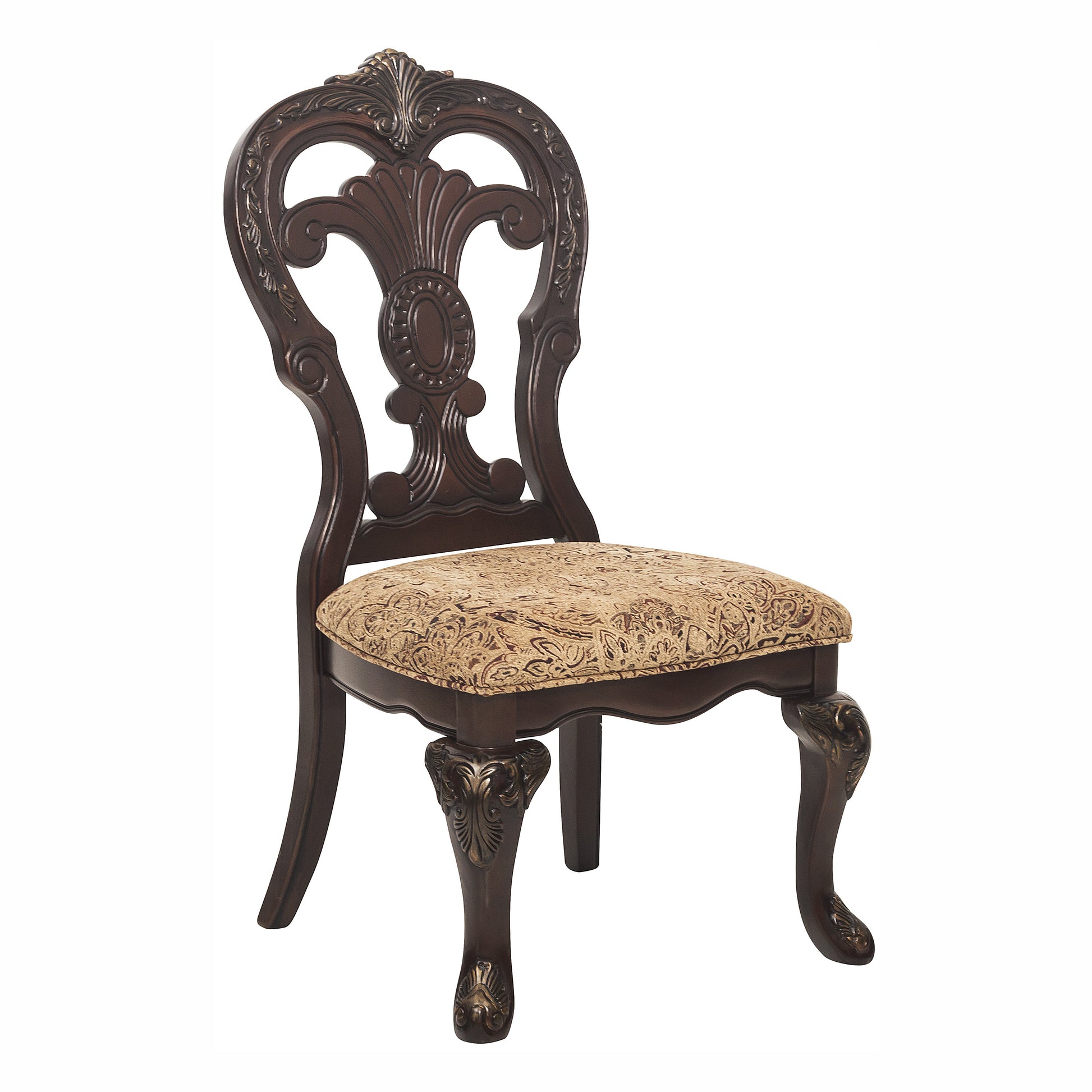 Dark wood dining chair with ornate carved back and damask fabric seat