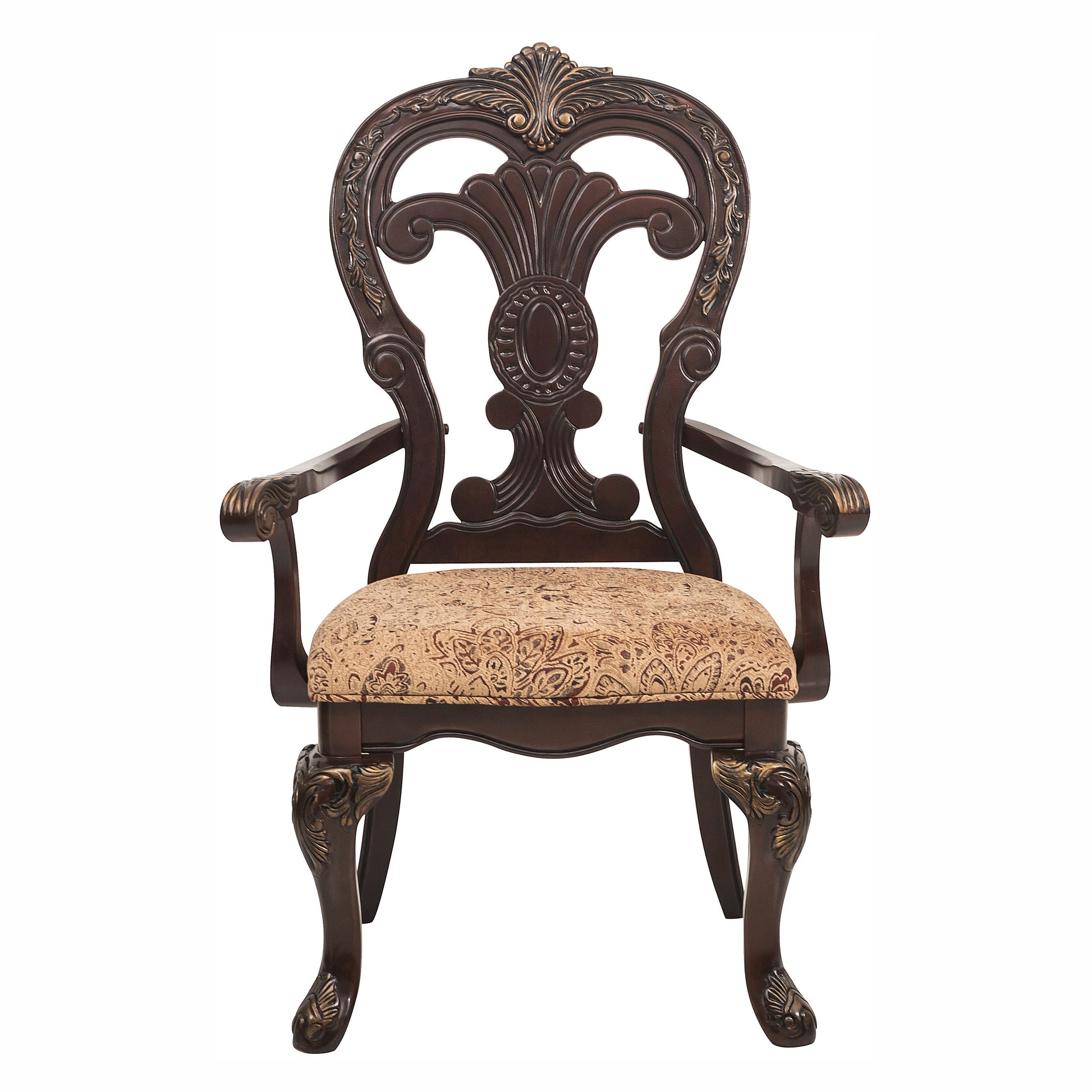 Dark brown ornate armchair with carved detailing and paisleypatterned seat