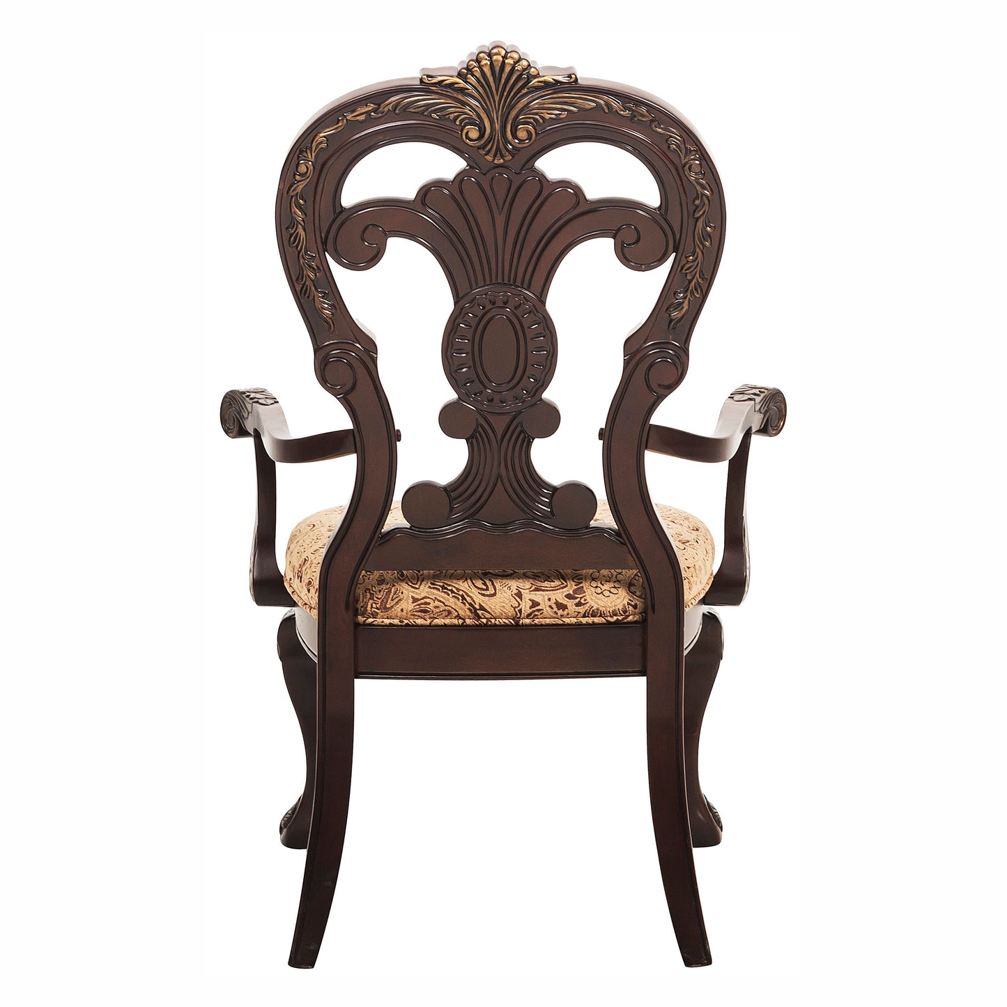 Dark wood armchair with ornate gold accents and paisley upholstery