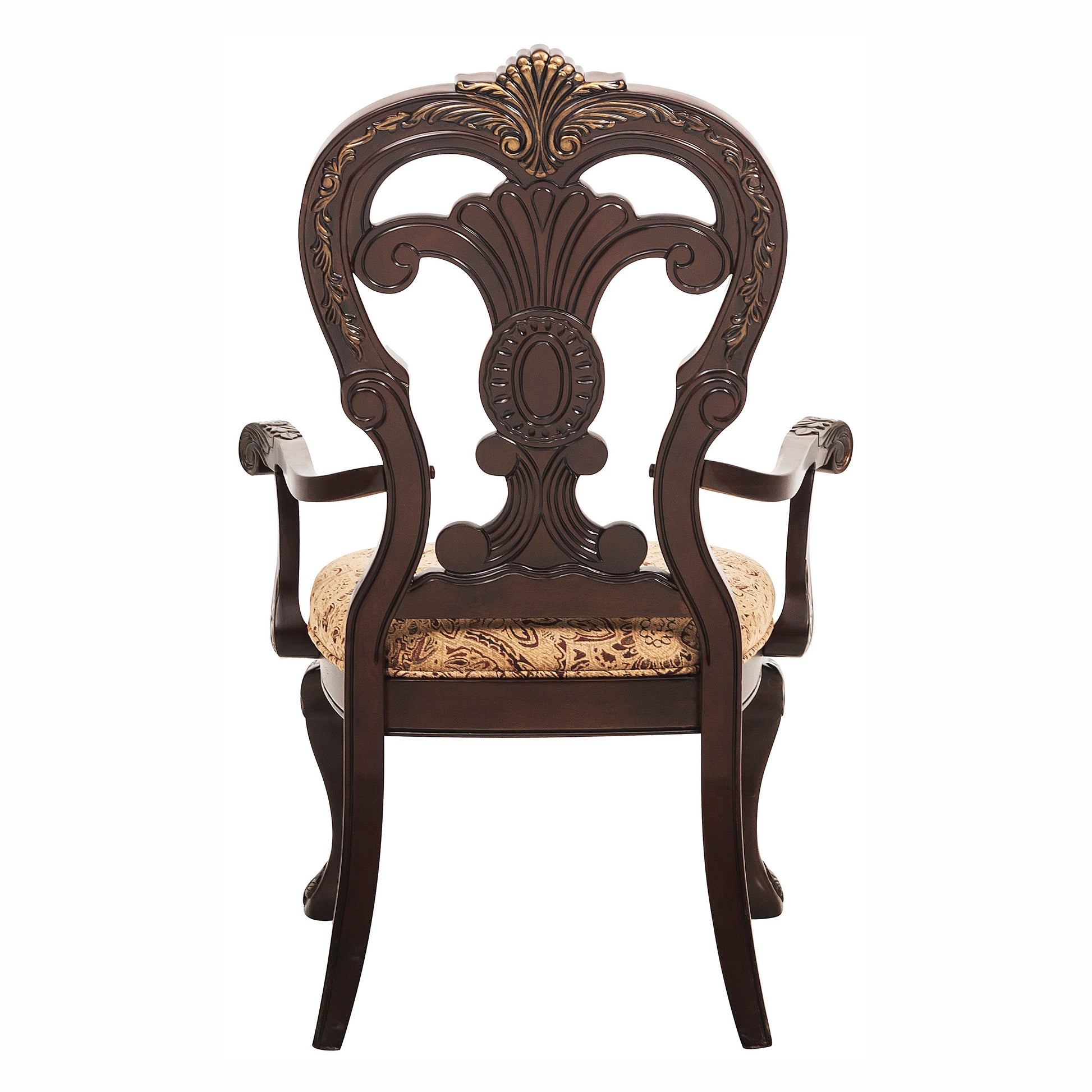 Dark wood armchair with ornate gold accents and paisley upholstery