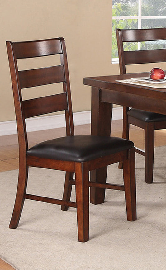 Dark brown ladderback dining chair with black leather seat