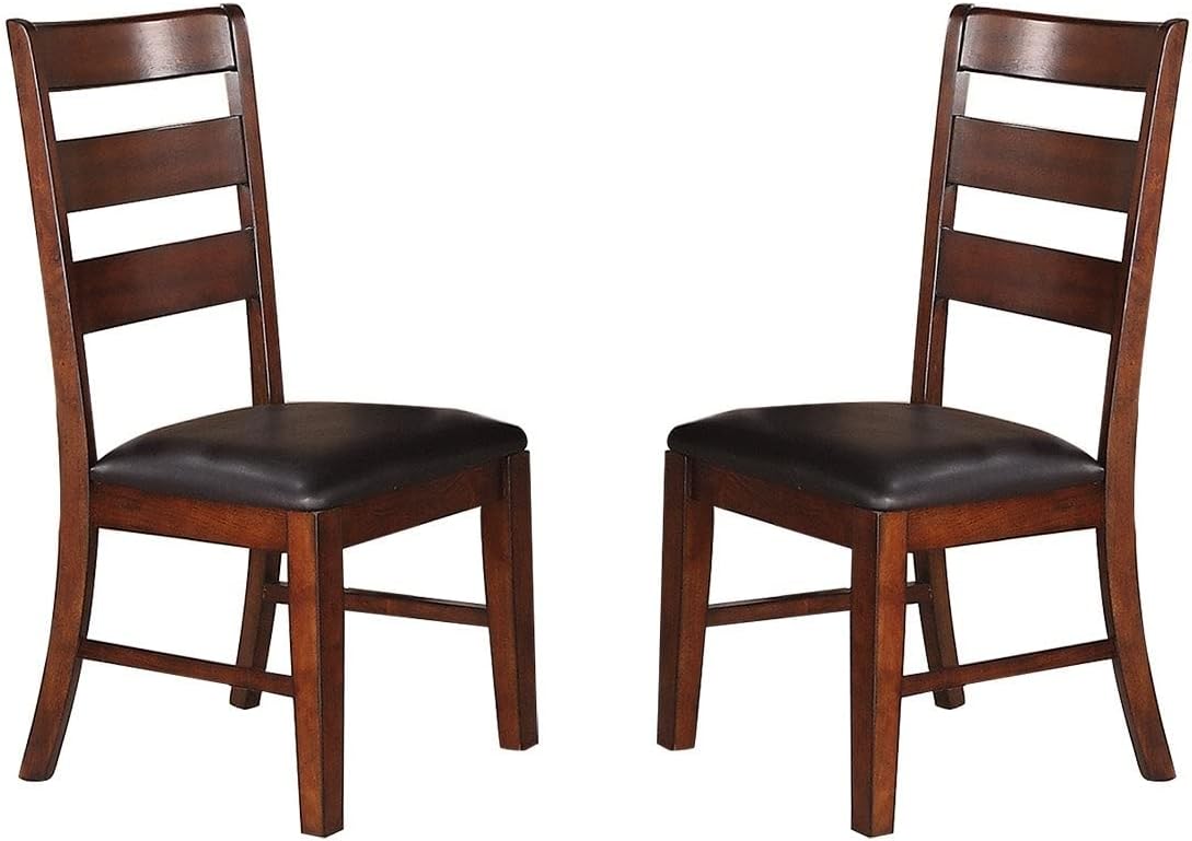 Pair of dark brown wooden dining chairs with black faux leather seats