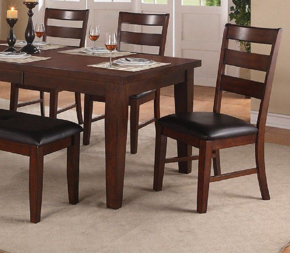 Dark wood dining chair with horizontal slats and black cushioned seat