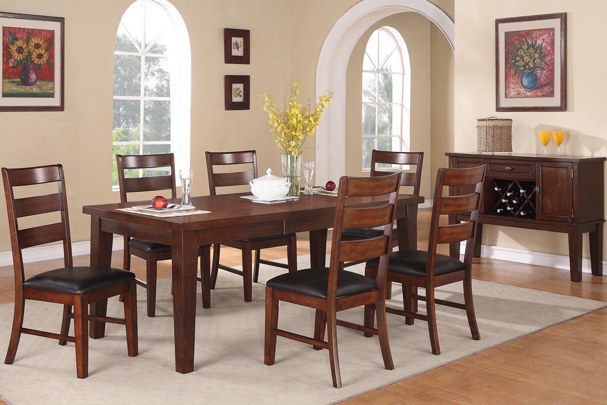 Classic dark wood dining table set with six upholstered chairs