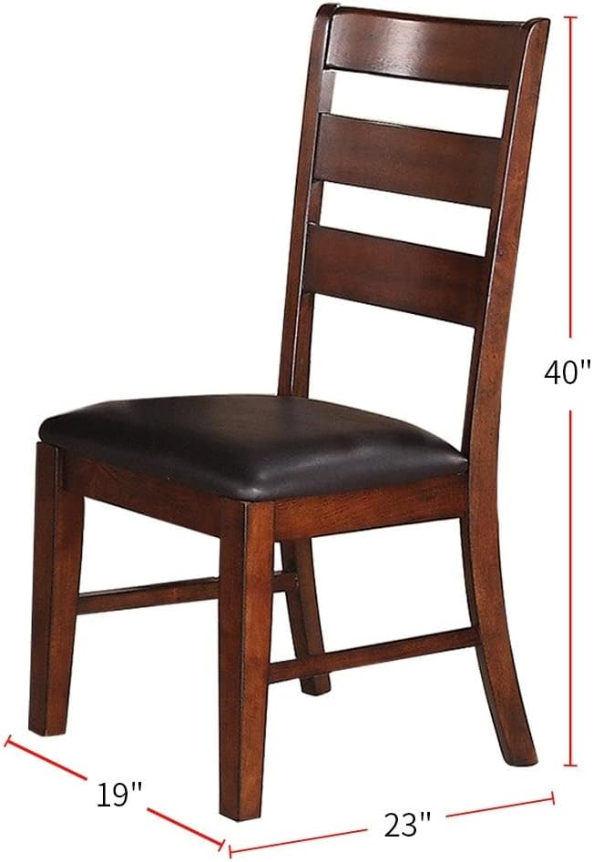 Dark brown wooden dining chair with slatted back and padded seat