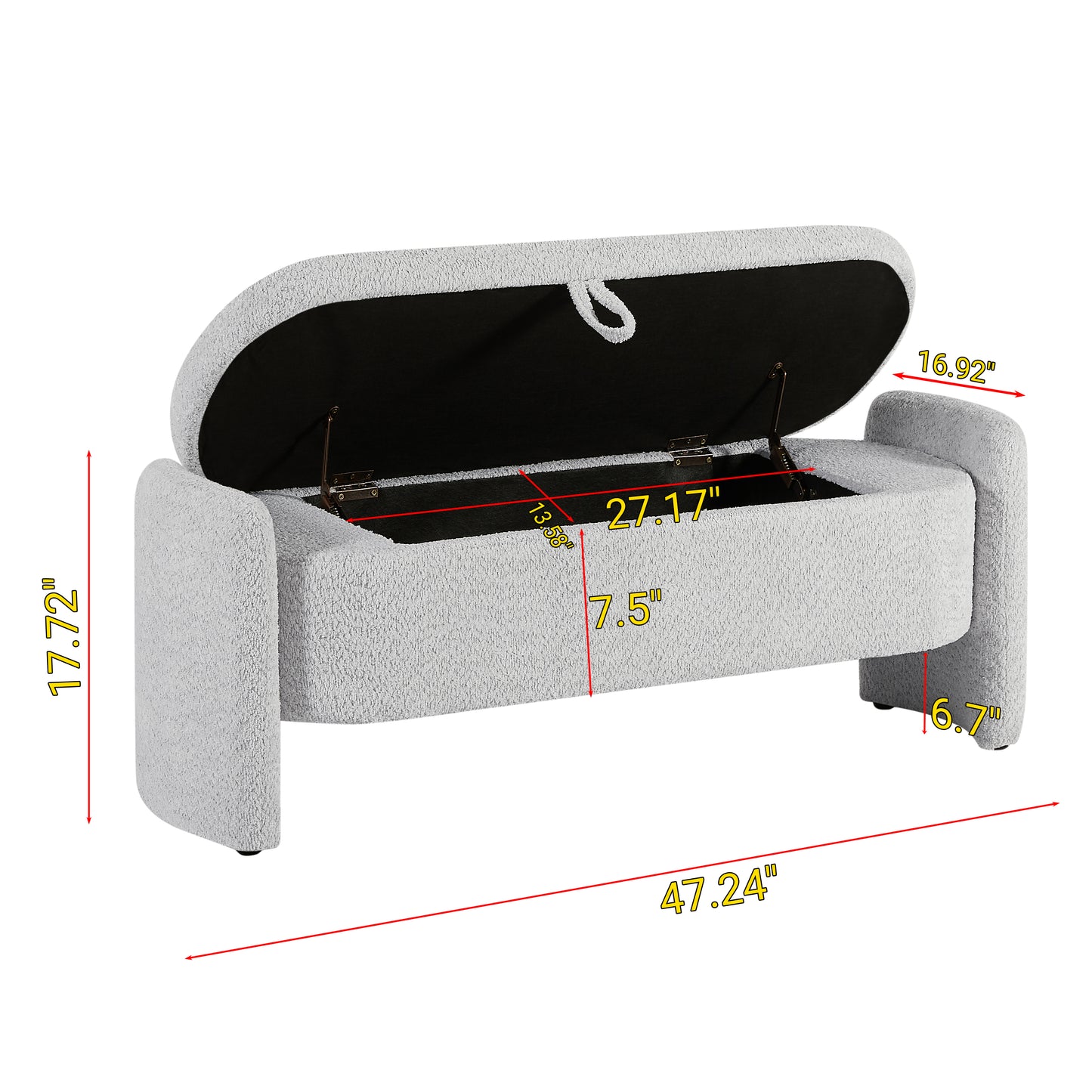 Light gray boucle storage bench with open lid and interior dimensions