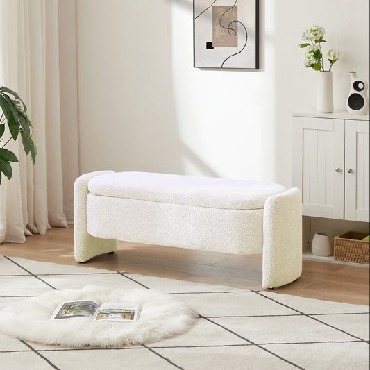 Cream boucl storage bench with curved legs