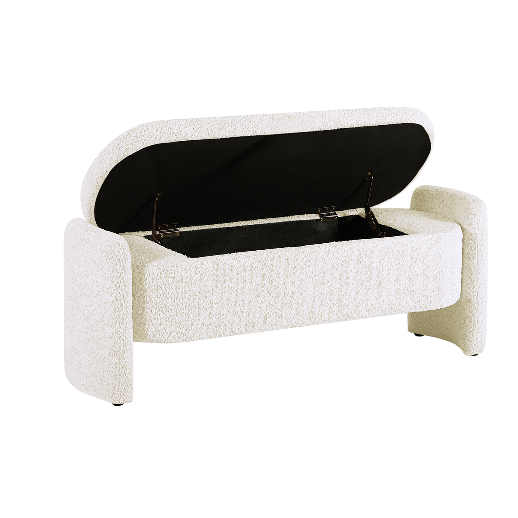 White boucle storage bench with open lid revealing ample interior