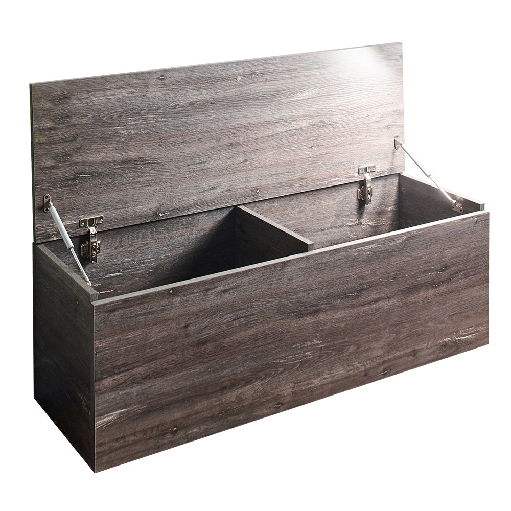 Dark wood storage bench with dual compartments and softclose lid