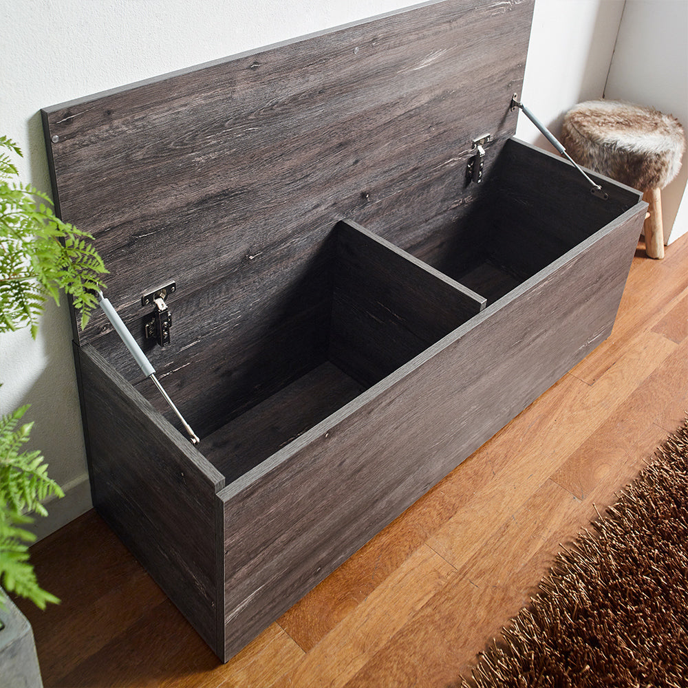 Dark wood storage bench with dual compartments and softclose lid hinges
