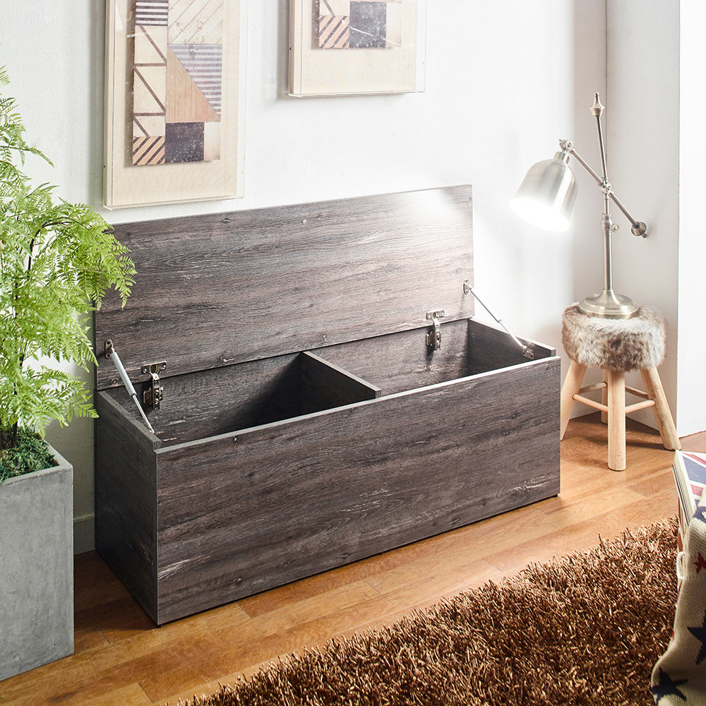 Rustic oak lifttop storage bench with dual compartments for blankets and toys