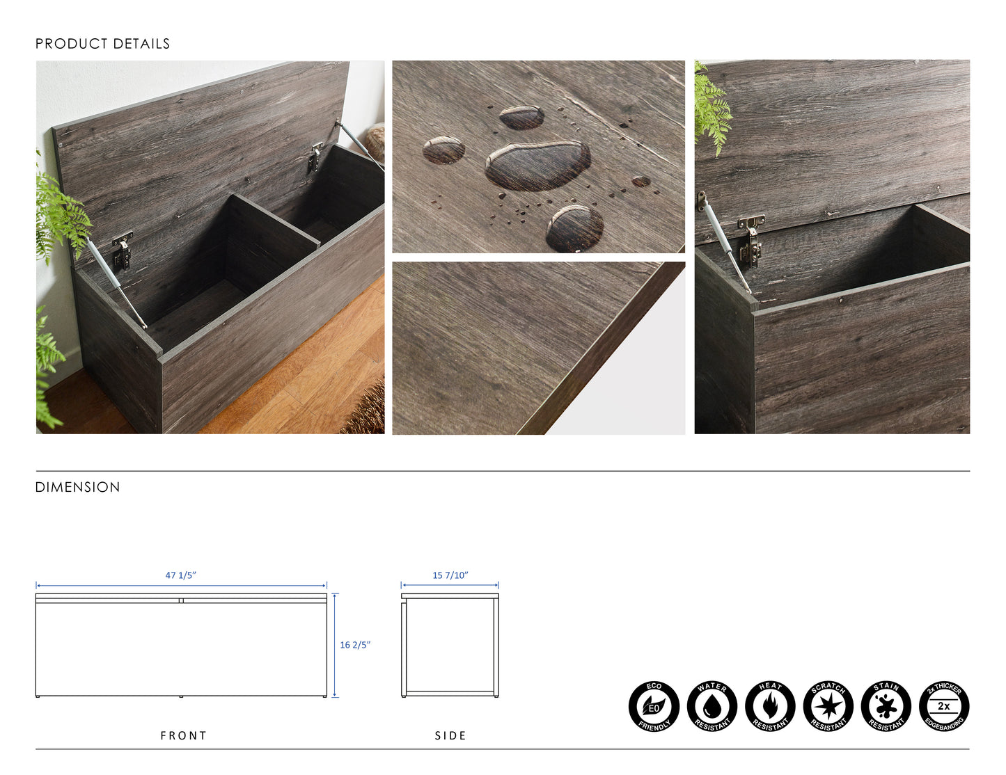Dark wood storage bench with gas lift hinges