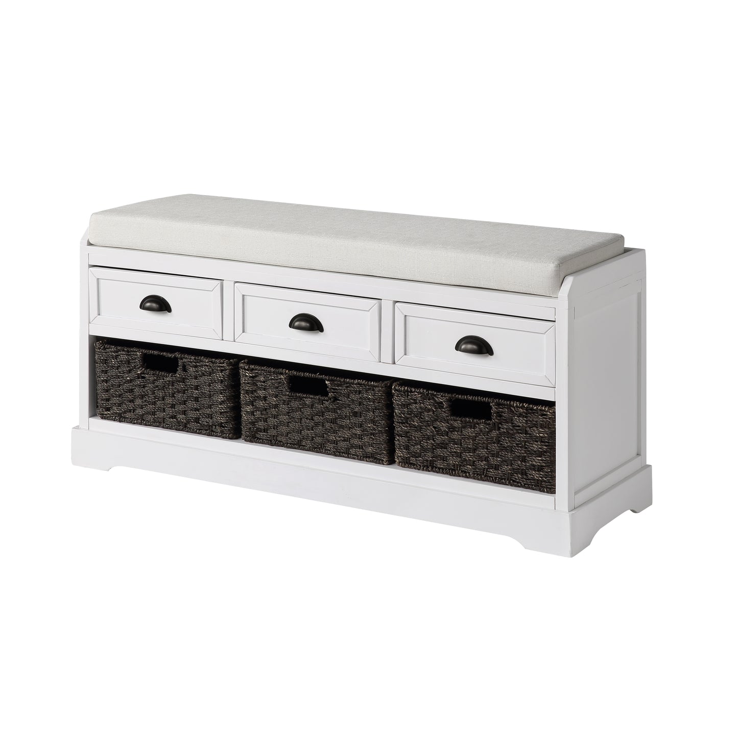 White storage bench with upholstered seat and three woven baskets