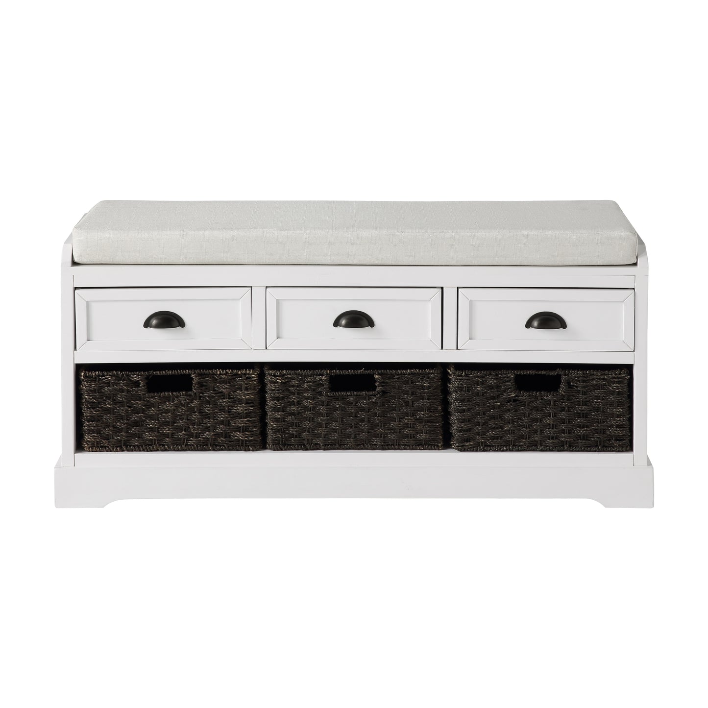White storage bench with cushioned seat and three woven baskets for entryway organization