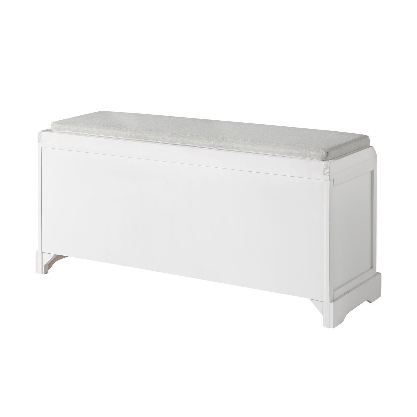 White storage bench with upholstered grey cushion lid and decorative trim