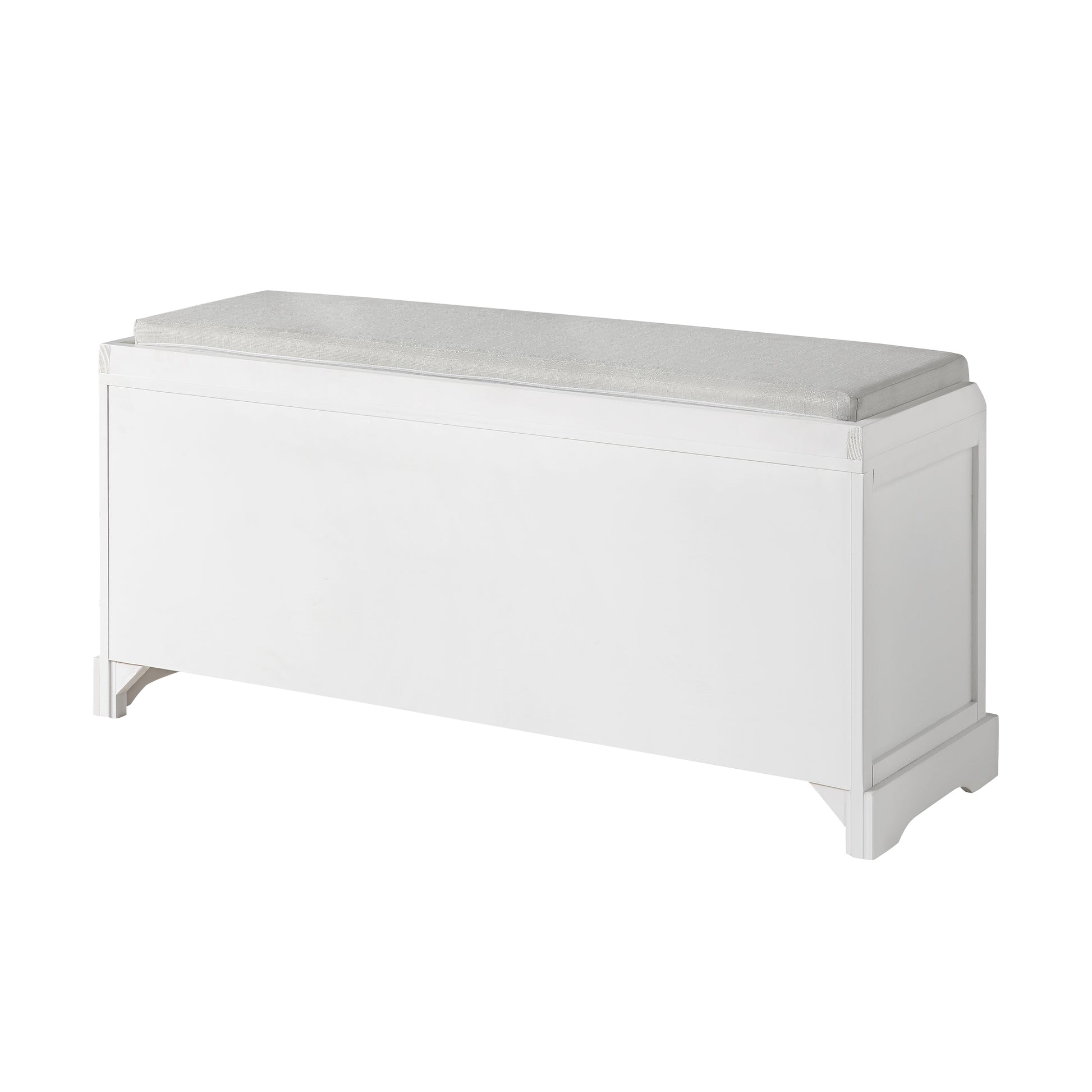 White storage bench with upholstered grey cushion lid and decorative trim