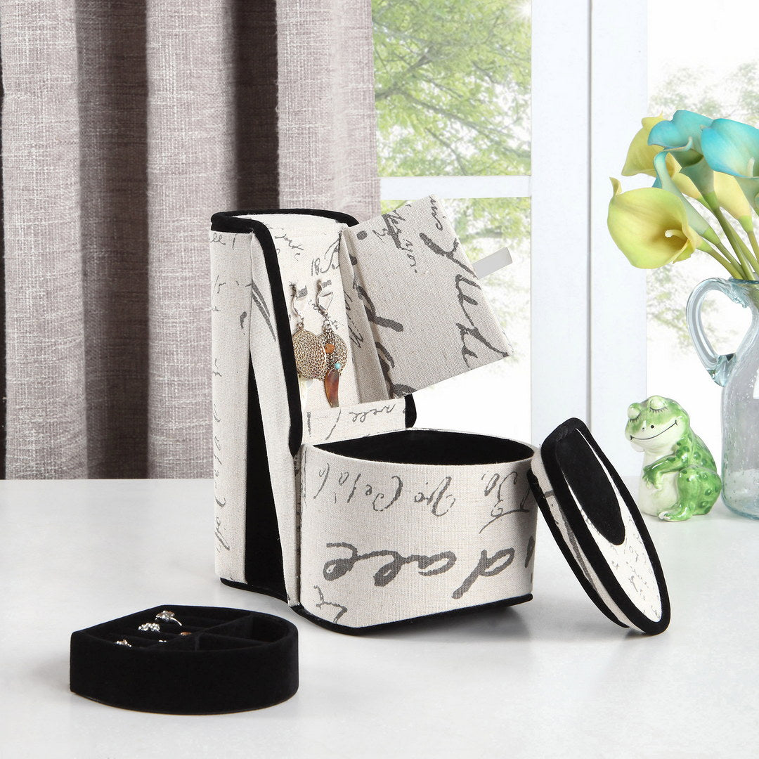 Elegant fabric jewelry organizer with script pattern