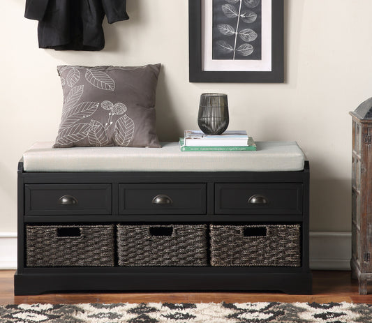 Black wooden entryway bench with three drawers and three woven baskets