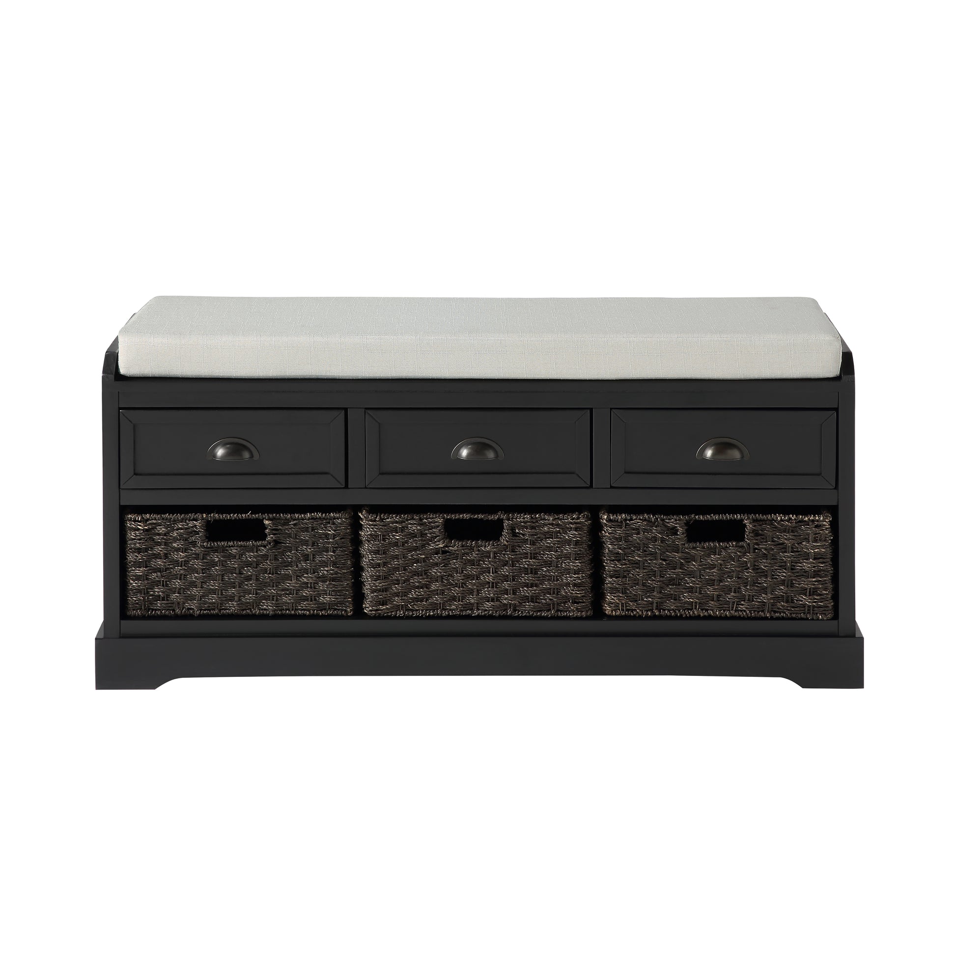 Black storage bench with three woven baskets and three drawers