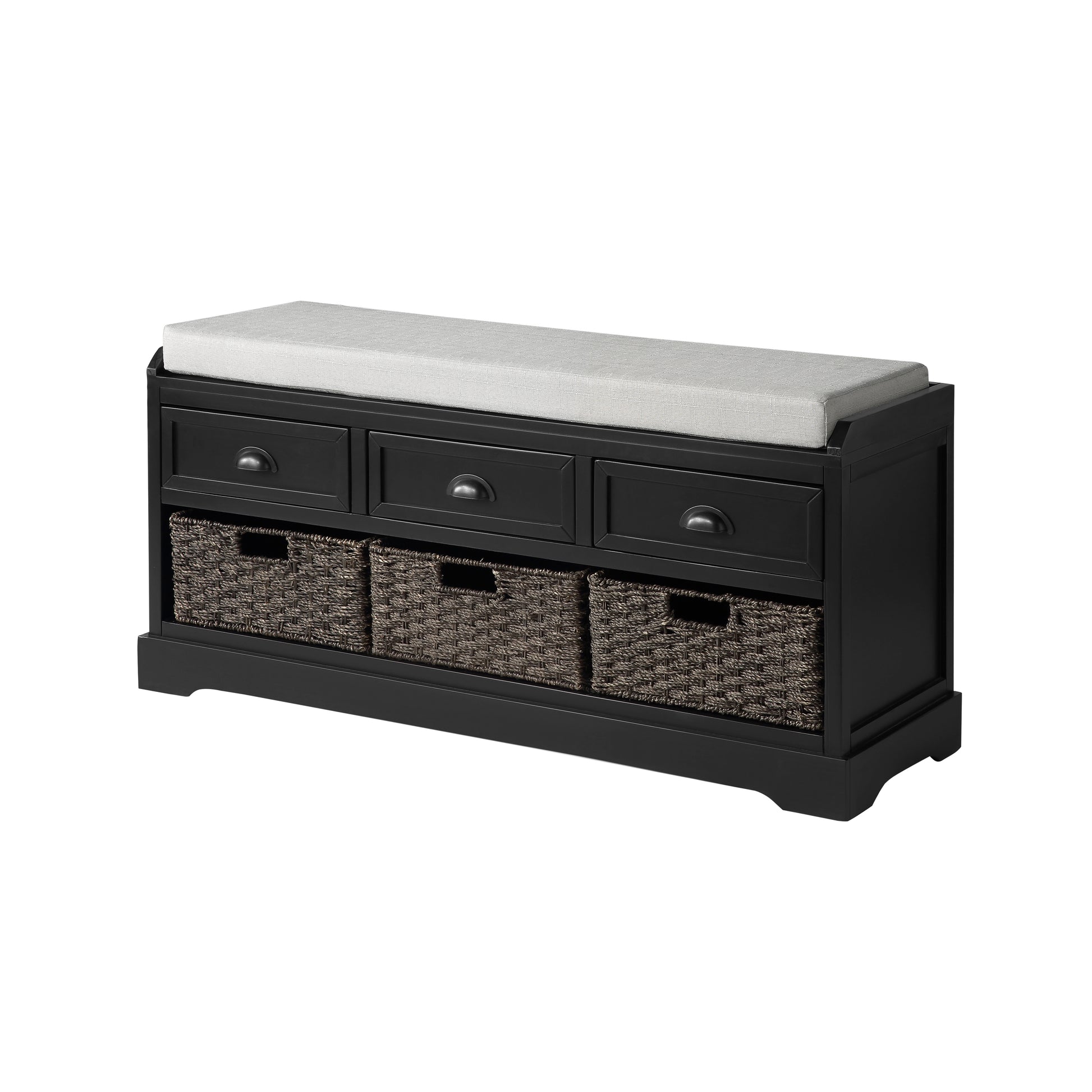 Black storage bench with cushioned top and three woven baskets